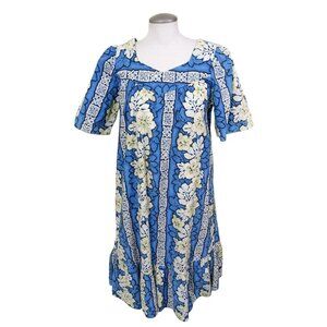 Vintage Chin Lan Hawaiian Dress Womens Med Blue Tropical Floral Made In Hawaii